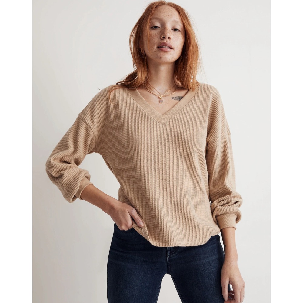 Madewell Waffle Knit V-Neck Long Sleeve Sweater Women Large Toasted Sesame